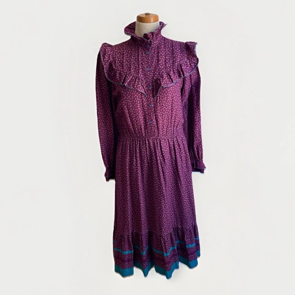 Vintage 1970s Betty Barclay Prairie Dress Purple Floral Cottagecore Midi Medium